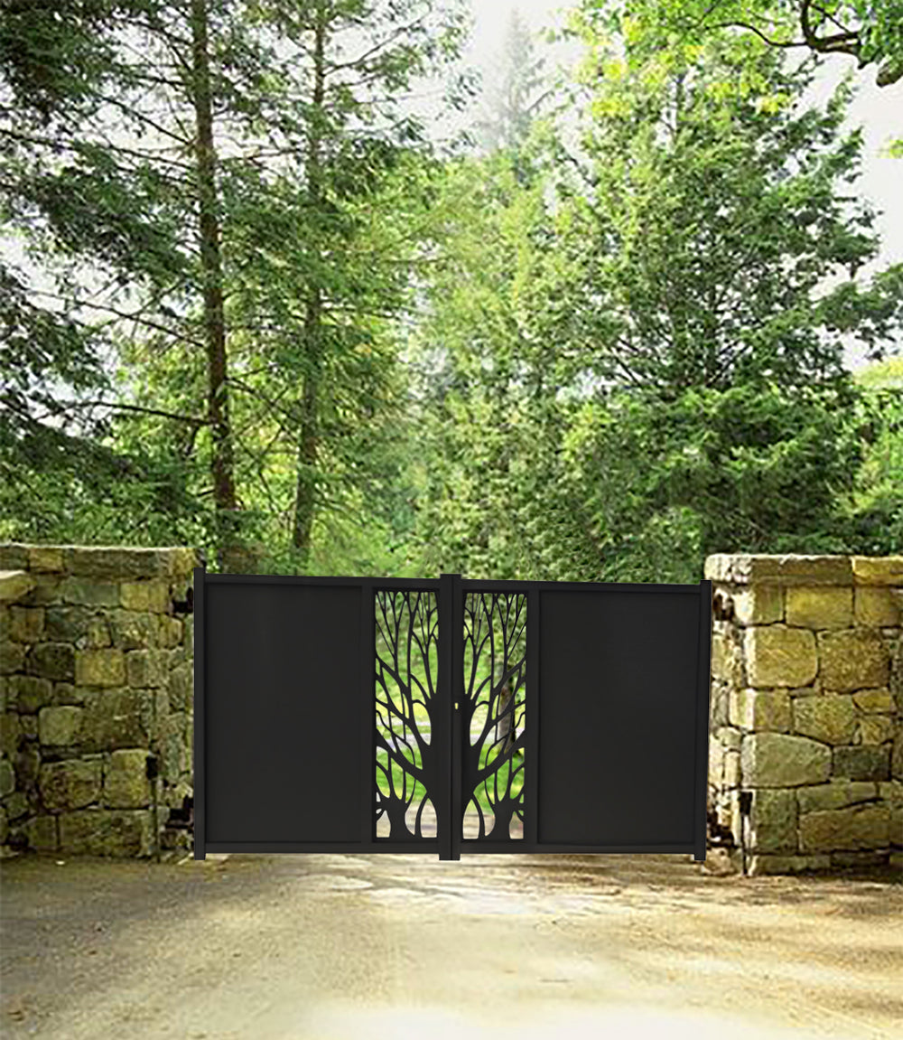 Modern Laser Cut Tree Branch Design Entry Gate | Custom Fabrication Metal Driveway Gate | Made in Canada – Model # 139