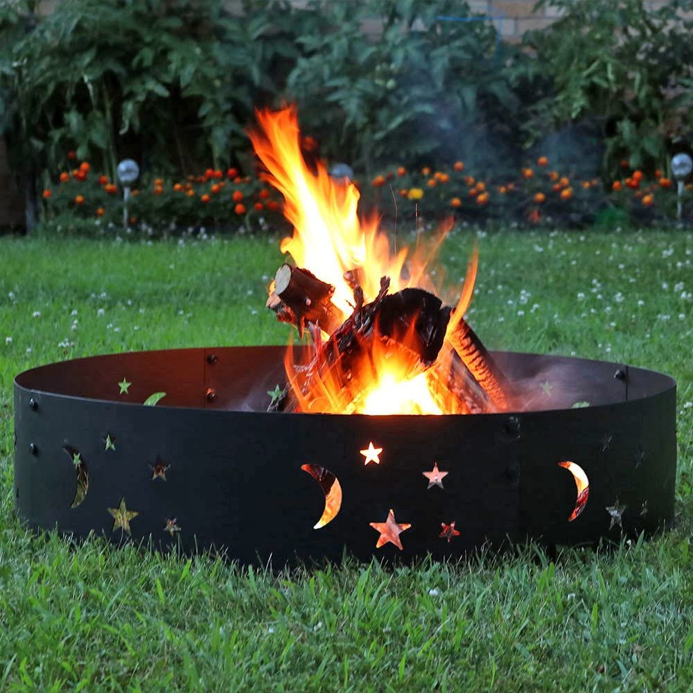 Unique Moon- Star Design Iron Fire Pit Ring Insert | Portable Heavy Duty Fire Pit Liner for Camping &amp; Outdoors | Made in Canada - Model # FPR457