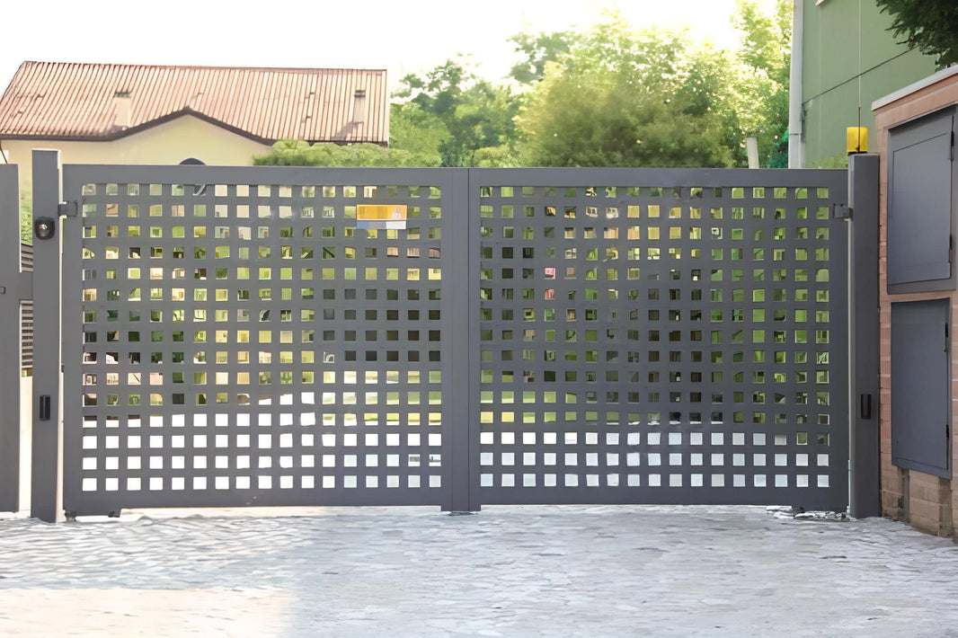 Modern Square Mesh Driveway Gate | Dual Swing Heavy Duty Metal Entry Gate | Made in Canada – Model # 137