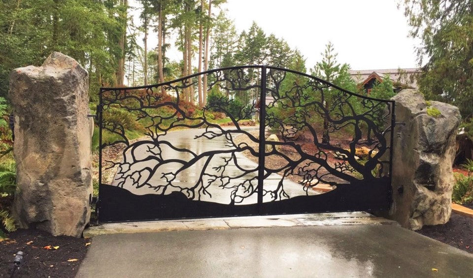 Tree of Fall Driveway Gate | Forest Design Heavy Duty Driveway Gate | Custom Metal Fabrication Fence Entry Gate | Made in Canada – Model # 879