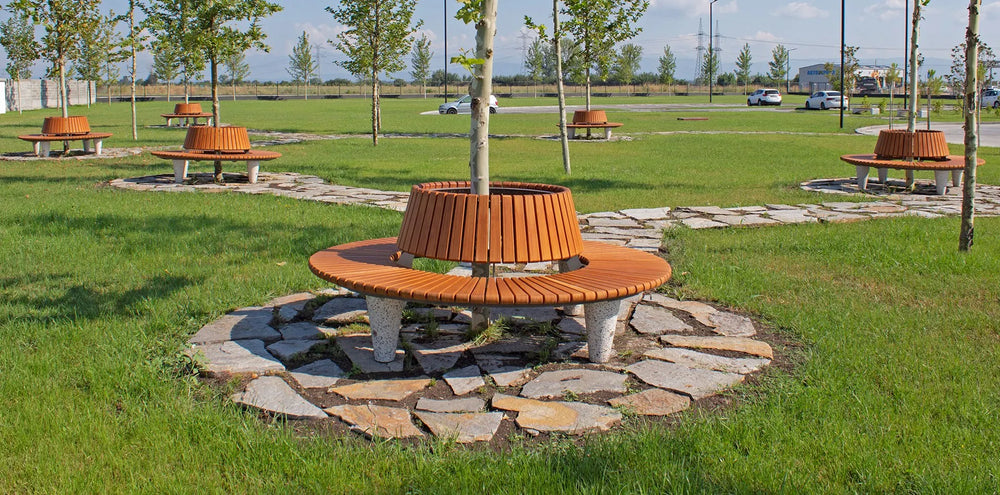 Round Bench with back and Wooden Bench on Concrete and Stone Base | Model COLL1691