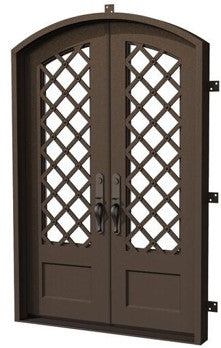 Wrought Iron Double Swing Front Door | Modern Grille Design | Clear Glass Operating Windows | Model # IWD 895