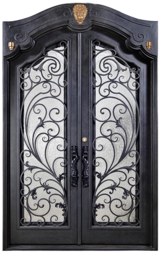 Wrought Iron Double Swing Front Door | Lion Arched Design | Glass Operating Windows | Model # IWD 898