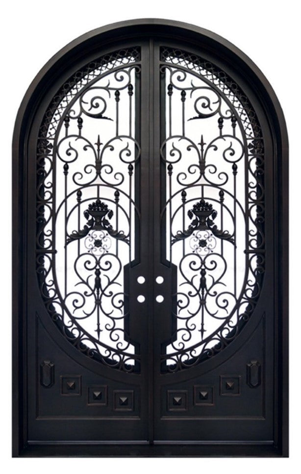 Wrought Iron Double Swing Front Door | Arched with Operating Windows | Model # IWD 899