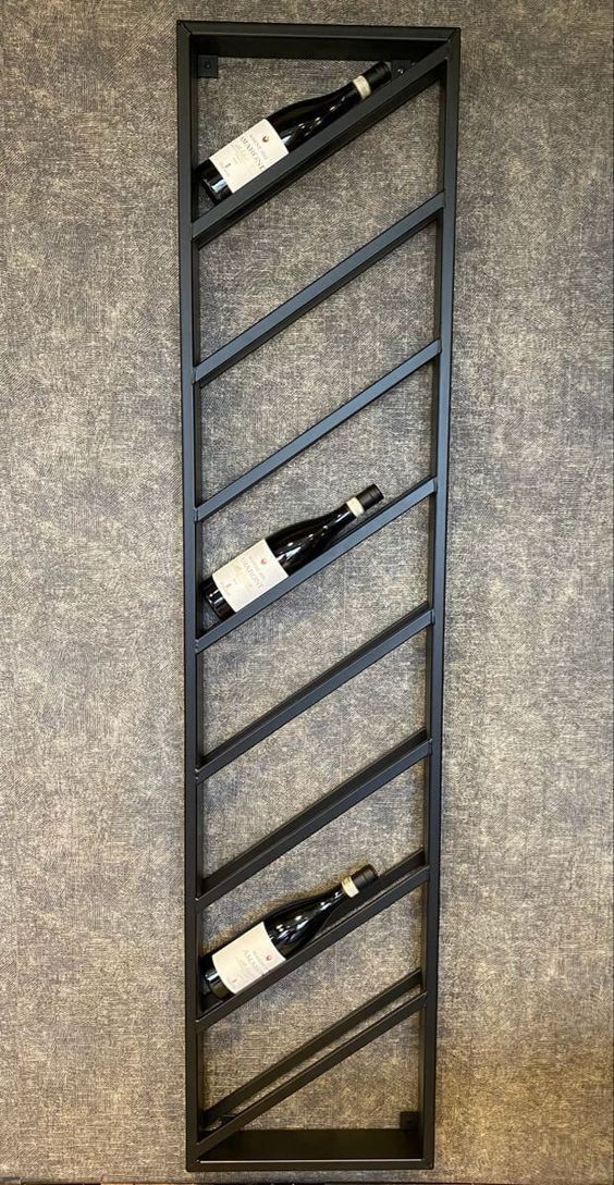 Slim Modern Black Slanted Wine Rack , Metal Wine Rack, Decorative wine Holder, Wall Décor - Made in Canada - Model # MA494