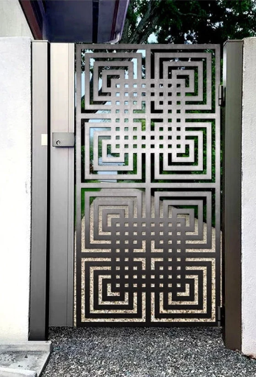 Laser Cut Artistic Geometric Doodle Square Design Metal Pool Gate| Modern Fabrication Iron Garden Gate | Made in Canada – Model # 734