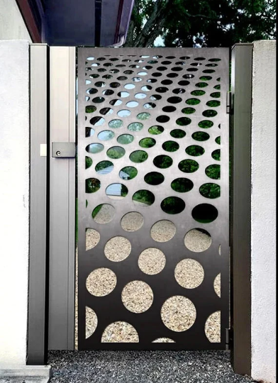 Laser Cut Artistic Illusion Circular Design Metal Back Yard Gate| Modern Fabrication Metal Side Walk Gate | Made in Canada – Model # 748