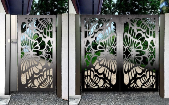 3D Laser Cut Artistic Butterfly Design Wrought Iron Yard Gate | Modern Fabrication Metal Back Yard Gate | Made in Canada – Model #756