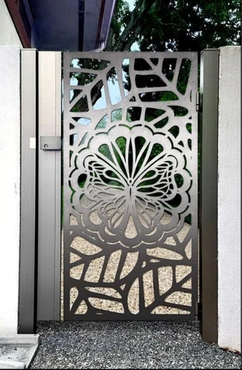 Simplistic Laser Cut Artistic Butterfly &amp; Floral Design Iron Gate | Modern Fabrication Metal Garden Gate | Made in Canada – Model # 780