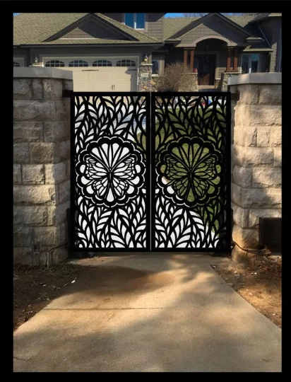 Simplistic 3D Laser Cut Artistic Butterfly &amp; Floral Design Iron Gate | Modern Fabrication Metal Back Yard Gate | Made in Canada – Model # 785