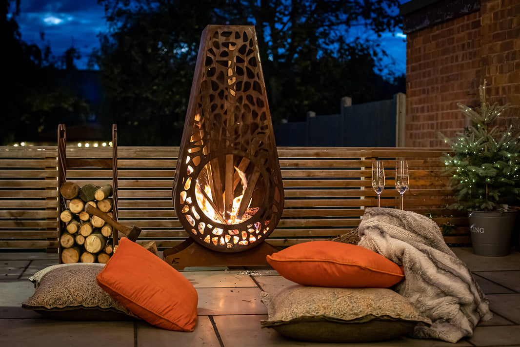 Stunning Corten Outdoor Fireplace | Fire Pit Wood Rack for Indoor & Outdoor | Made in Canada - Model # WBFP665