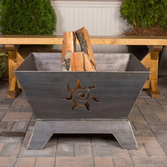 Modern Laser Cut Sun Design Outdoor Fire Pit | Portable Construction Fire Wood Bowl for Outdoor &amp; Indoor Usage| Made in Canada – Model # WBFP630